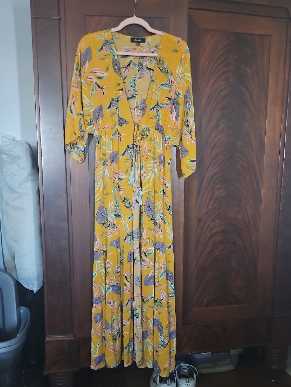 Aakaa Mustard Yellow Floral Maxi Dress with Tie Waist - Size Med.